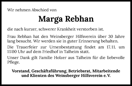 Traueranzeige von Marga Rebhan von Heilbronner Stimme