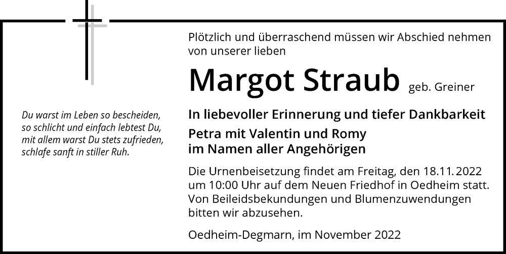  Traueranzeige für Margot Straub vom 15.11.2022 aus Heilbronner Stimme