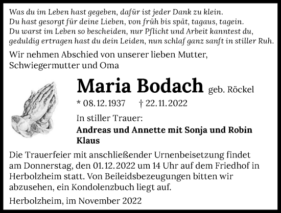 Traueranzeige von Maria Bodach von GESAMT