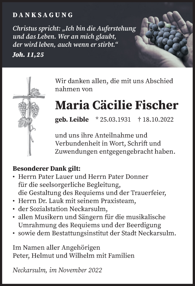  Traueranzeige für Maria Cäcilie Fischer vom 12.11.2022 aus Heilbronner Stimme