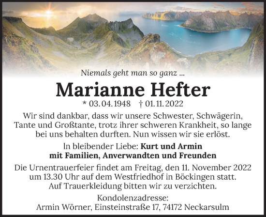 Traueranzeige von Marianne Hefter von Heilbronner Stimme