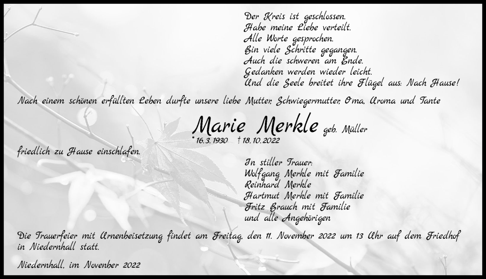  Traueranzeige für Marie Merkle vom 07.11.2022 aus Heilbronner Stimme