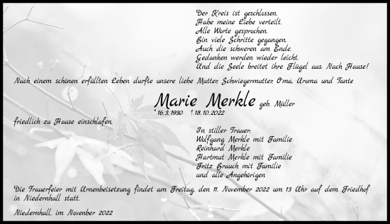 Traueranzeige von Marie Merkle von Heilbronner Stimme
