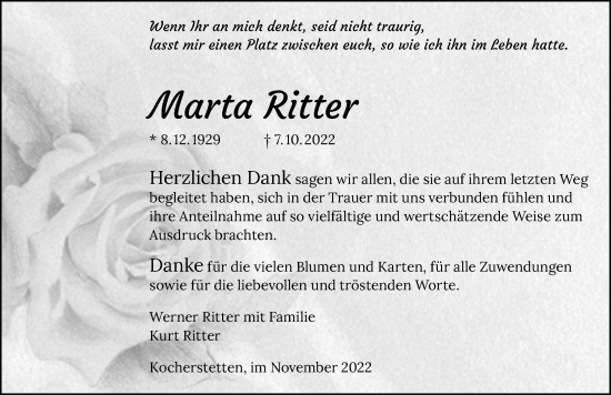 Traueranzeige von Marta Ritter von Heilbronner Stimme