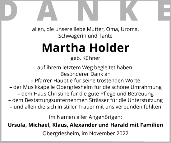 Traueranzeige von Martha Holder von Heilbronner Stimme