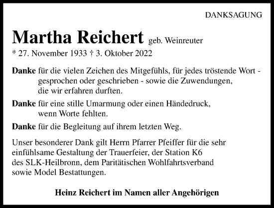 Traueranzeige von Martha Reichert von Heilbronner Stimme