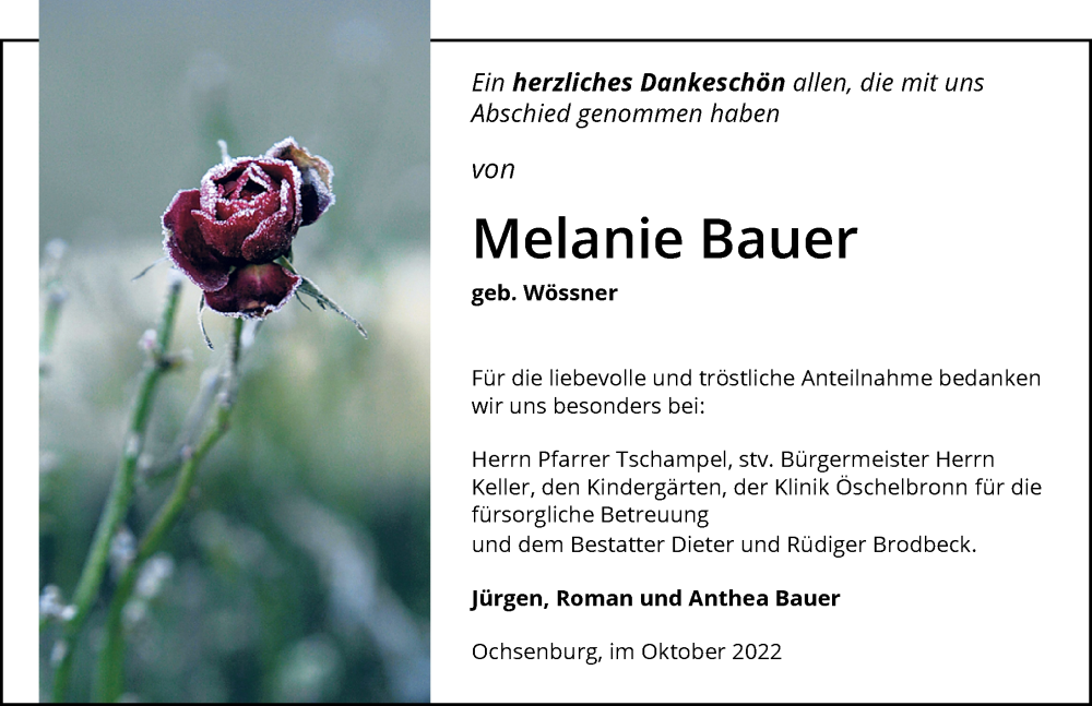  Traueranzeige für Melanie Bauer vom 05.11.2022 aus Heilbronner Stimme