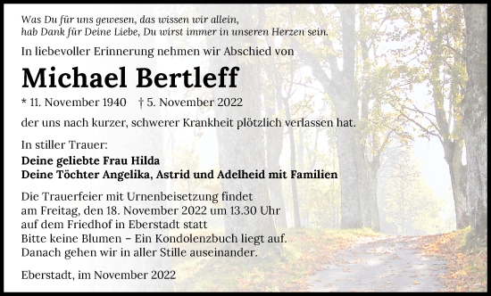 Traueranzeige von Michael Bertleff von Heilbronner Stimme
