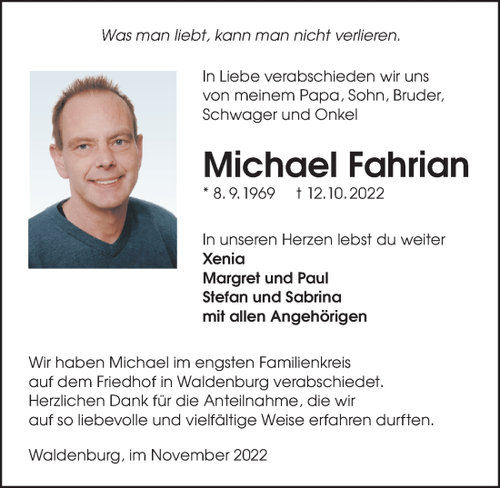 Traueranzeige von Michael Fahrian von Heilbronner Stimme