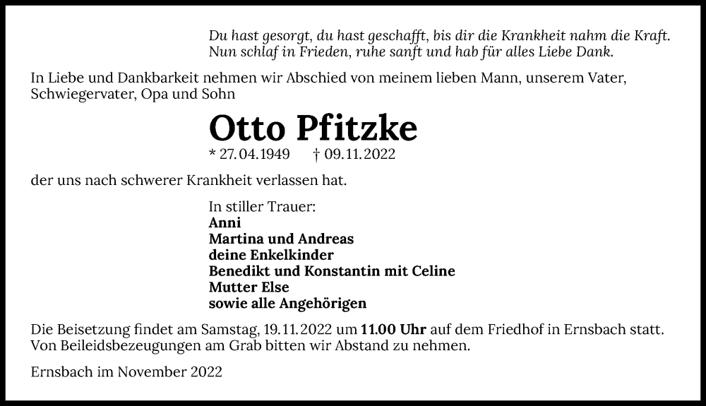  Traueranzeige für Otto Pfitzke vom 16.11.2022 aus Heilbronner Stimme