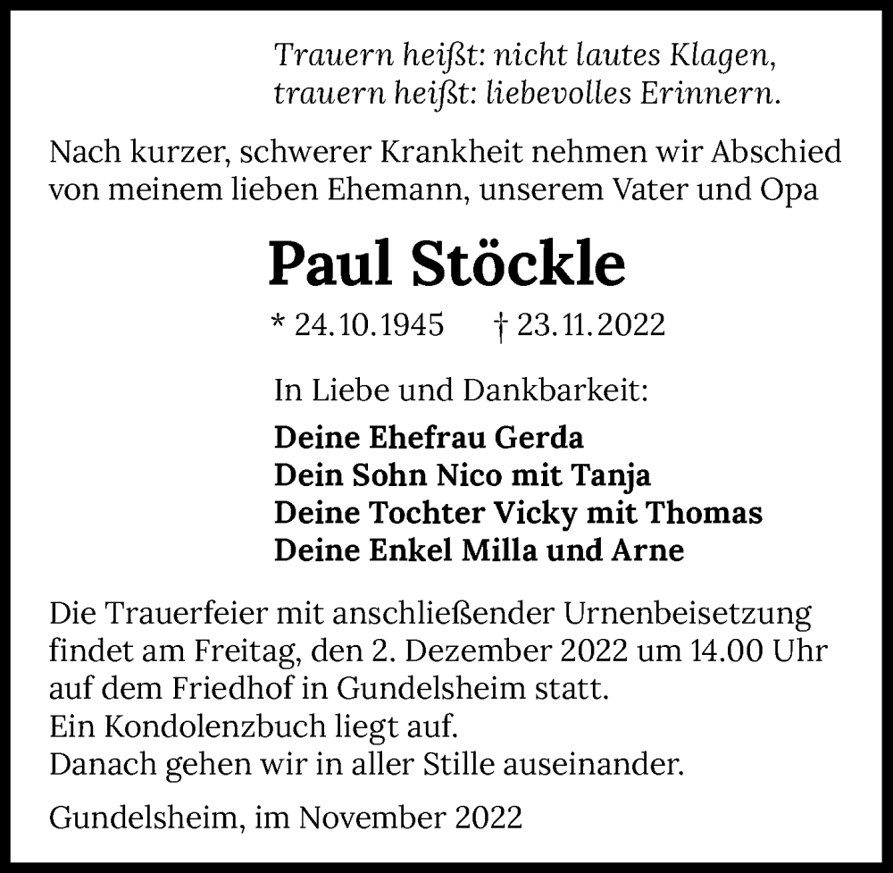  Traueranzeige für Paul Stöckle vom 26.11.2022 aus GESAMT