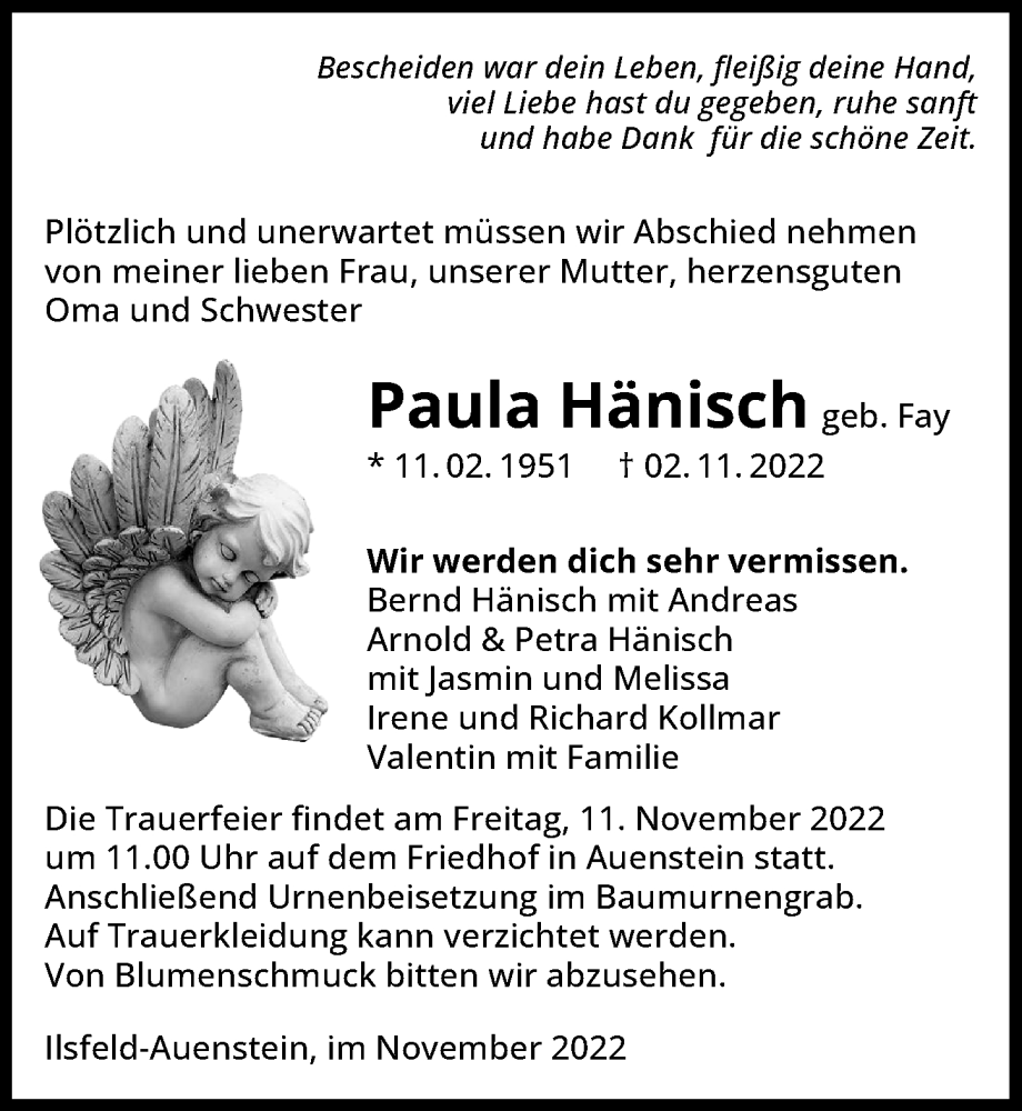  Traueranzeige für Paula Hänisch vom 09.11.2022 aus Heilbronner Stimme