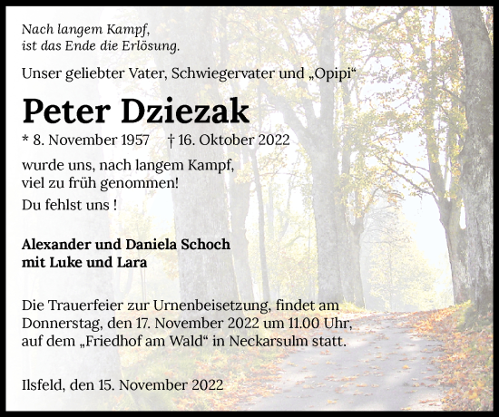 Traueranzeige von Peter Dziesak von Heilbronner Stimme