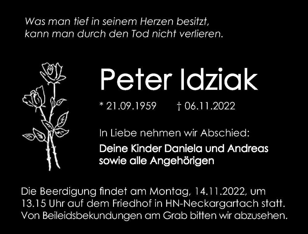  Traueranzeige für Peter Idziak vom 10.11.2022 aus Heilbronner Stimme