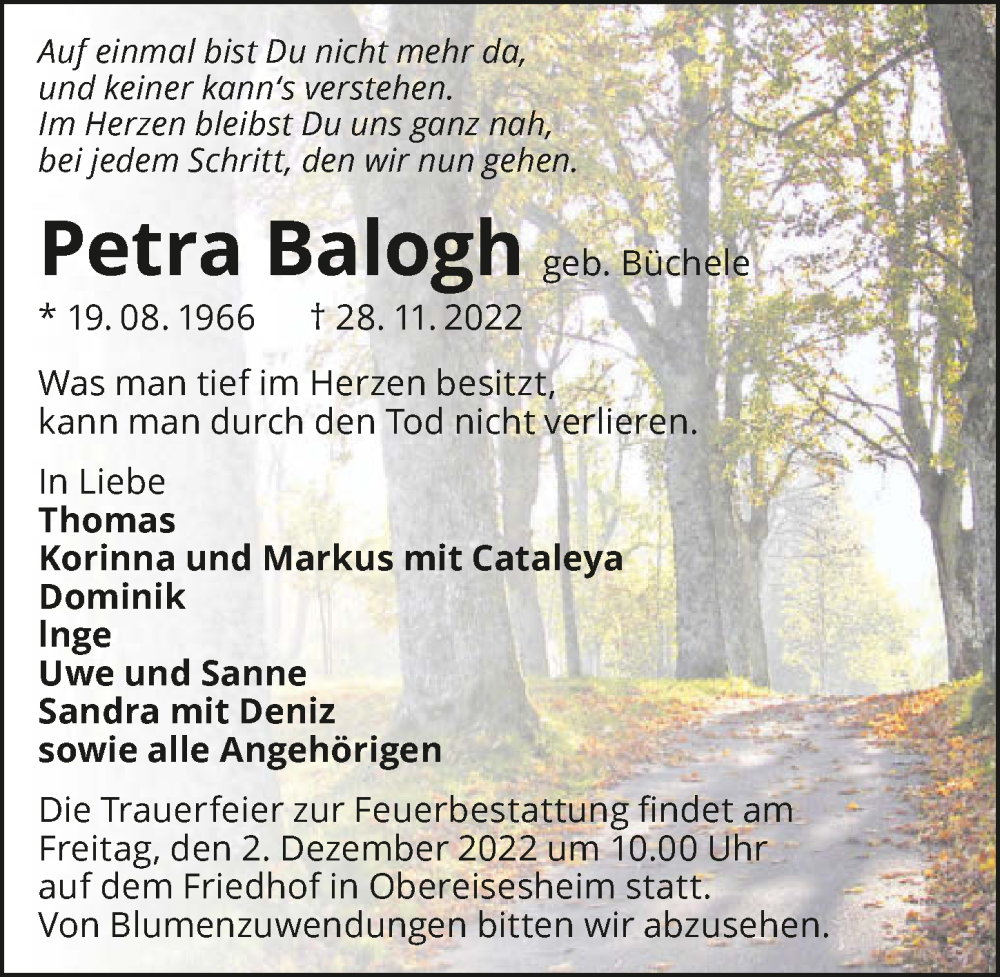  Traueranzeige für Petra Balogh vom 30.11.2022 aus GESAMT