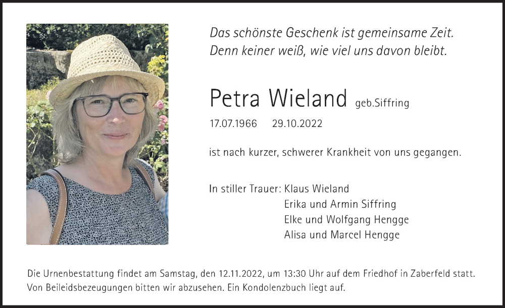  Traueranzeige für Petra Wieland vom 09.11.2022 aus Heilbronner Stimme
