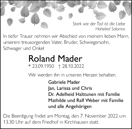 Traueranzeige von Roland Mader von Heilbronner Stimme