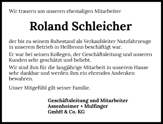Traueranzeige von Roland Schleicher von Heilbronner Stimme