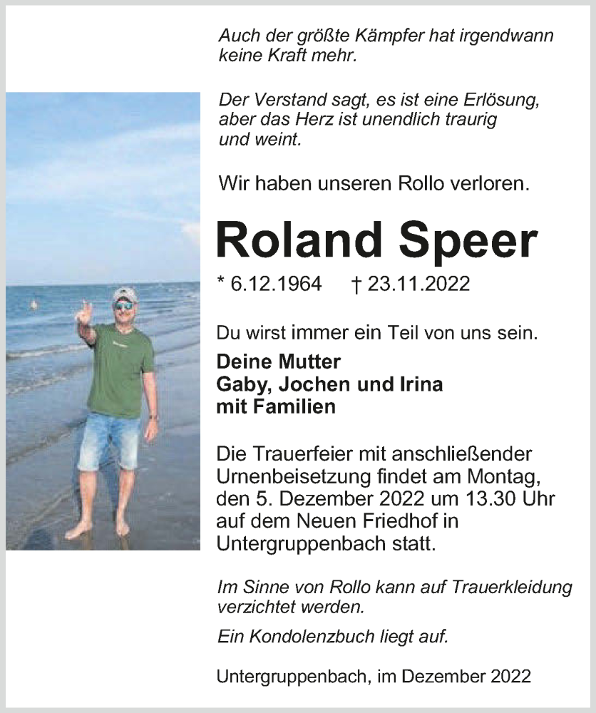  Traueranzeige für Roland Speer vom 26.11.2022 aus GESAMT