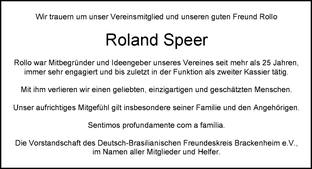  Traueranzeige für Roland Speer vom 26.11.2022 aus GESAMT