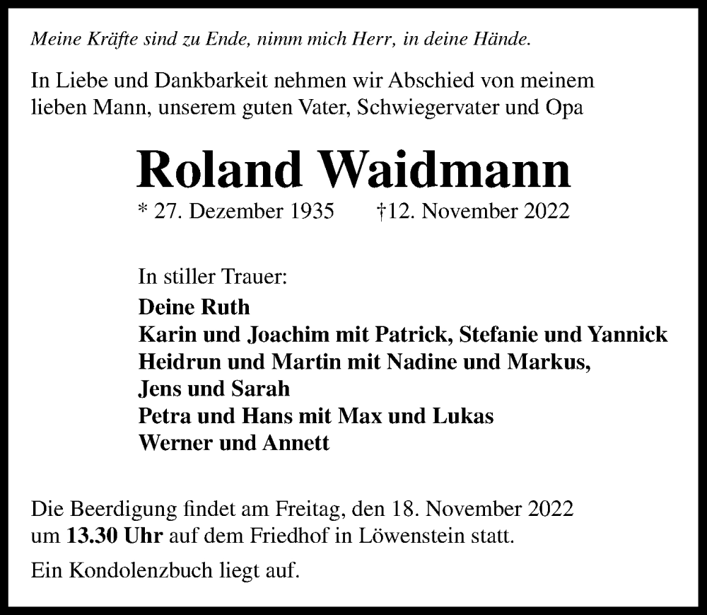  Traueranzeige für Roland Waidmann vom 16.11.2022 aus Heilbronner Stimme