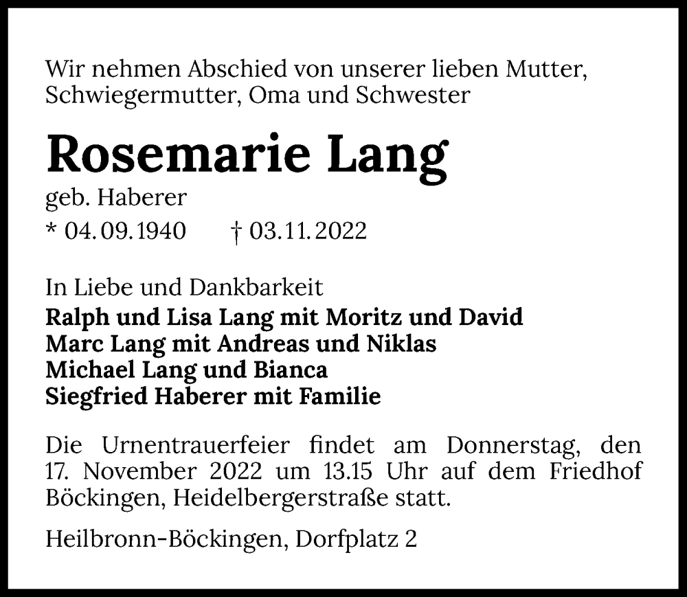  Traueranzeige für Rosemarie Lang vom 12.11.2022 aus Heilbronner Stimme