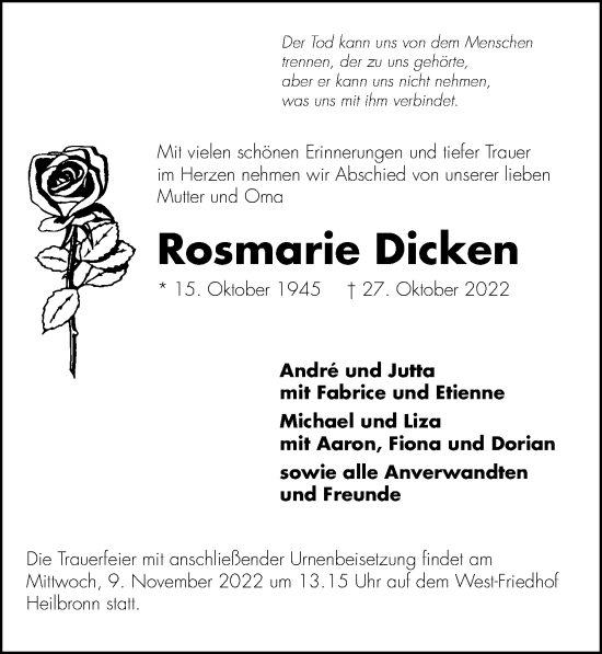 Traueranzeige von Rosmarie Dicken von Heilbronner Stimme