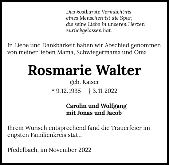 Traueranzeige von Rosmarie Walter von Heilbronner Stimme