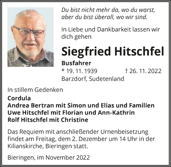 Traueranzeige von Siegfried Hitschfel von GESAMT