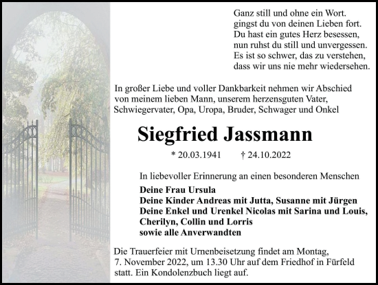 Traueranzeige von Siegfried Jassmann von Heilbronner Stimme