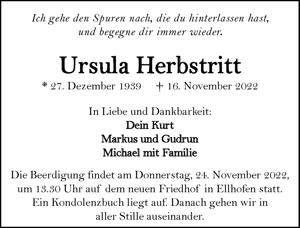  Traueranzeige für Ursula Herbstritt vom 19.11.2022 aus Heilbronner Stimme