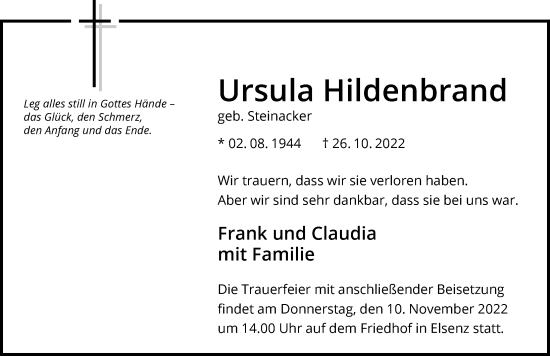 Traueranzeige von Ursula Hildenbrand von Heilbronner Stimme