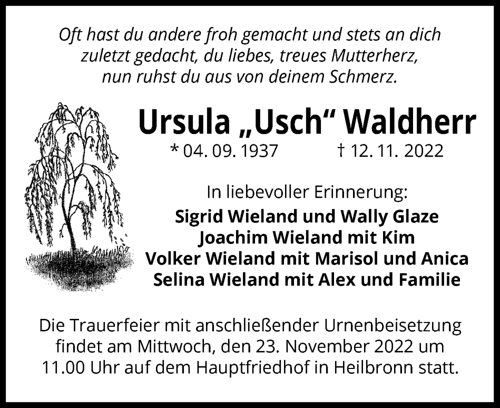  Traueranzeige für Ursula Waldherr vom 19.11.2022 aus Heilbronner Stimme