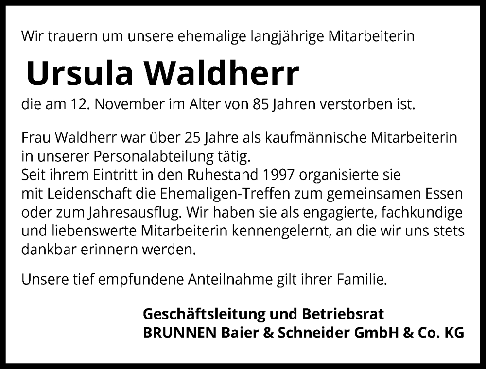  Traueranzeige für Ursula Waldherr vom 19.11.2022 aus Heilbronner Stimme