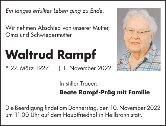 Traueranzeige von Waltrud Rampf von Heilbronner Stimme