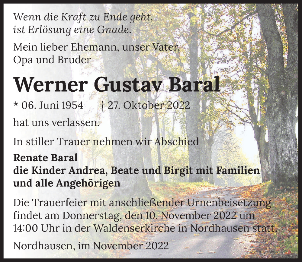  Traueranzeige für Werner Gustav Baral vom 05.11.2022 aus Heilbronner Stimme