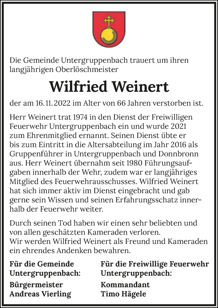  Traueranzeige für Wilfried Weinert vom 26.11.2022 aus GESAMT