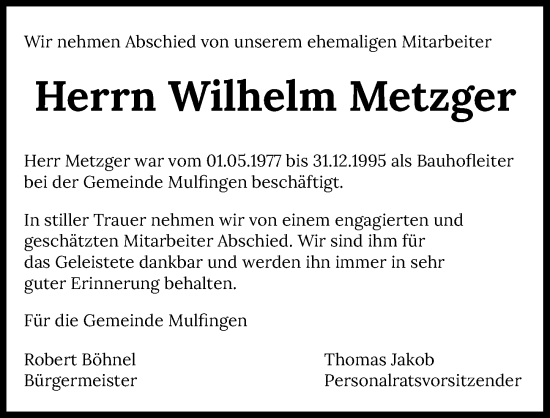 Traueranzeige von Wilhelm Metzger von Heilbronner Stimme