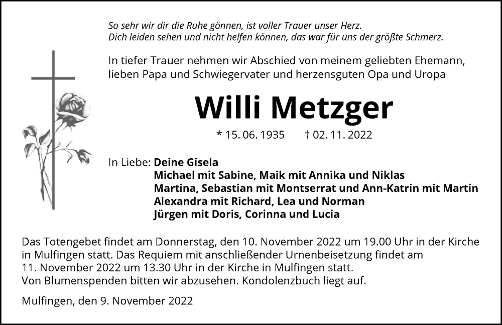  Traueranzeige für Wilhelm Metzger vom 09.11.2022 aus Heilbronner Stimme