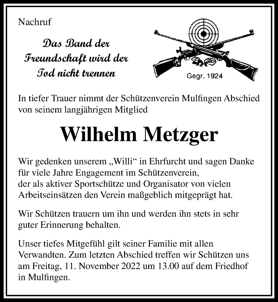  Traueranzeige für Wilhelm Metzger vom 11.11.2022 aus Heilbronner Stimme