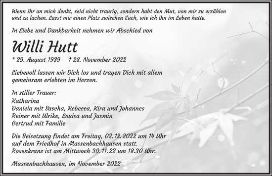 Traueranzeige von Willi Hutt von GESAMT