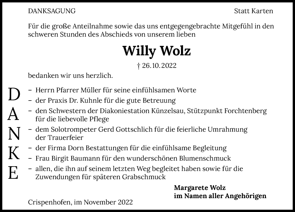  Traueranzeige für Willy Wolz vom 26.11.2022 aus GESAMT