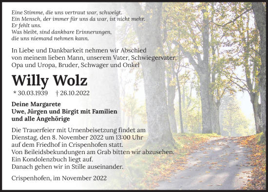 Traueranzeige von Willy Wolz von Heilbronner Stimme