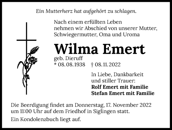 Traueranzeige von Wilma Emert von Heilbronner Stimme