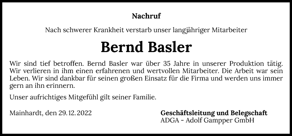  Traueranzeige für Bernd Basler vom 29.12.2022 aus 