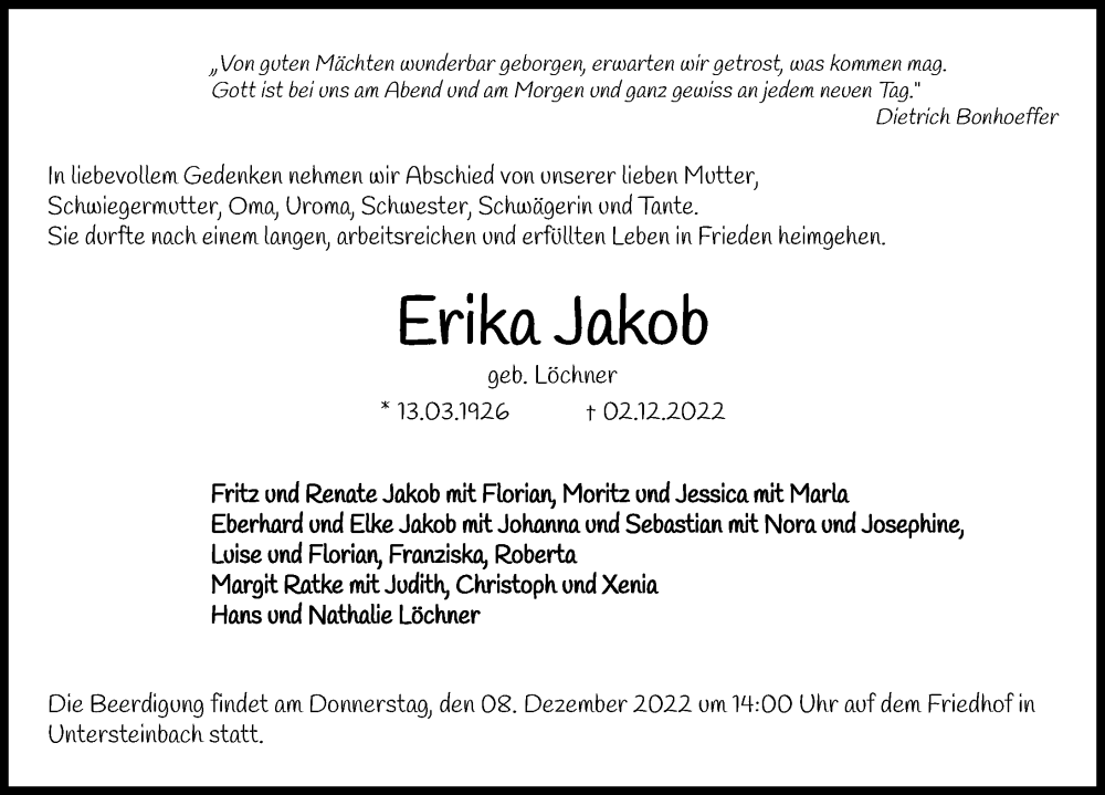  Traueranzeige für Erika Jakob vom 06.12.2022 aus Heilbronner Stimme