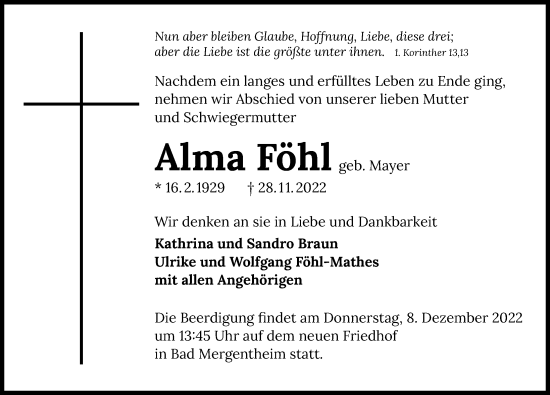 Traueranzeige von Alma Föhl von Heilbronner Stimme
