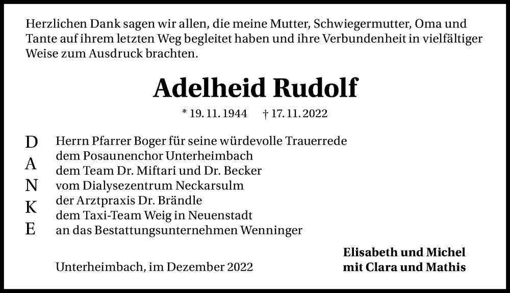  Traueranzeige für Adelheid Rudolf vom 10.12.2022 aus GESAMT