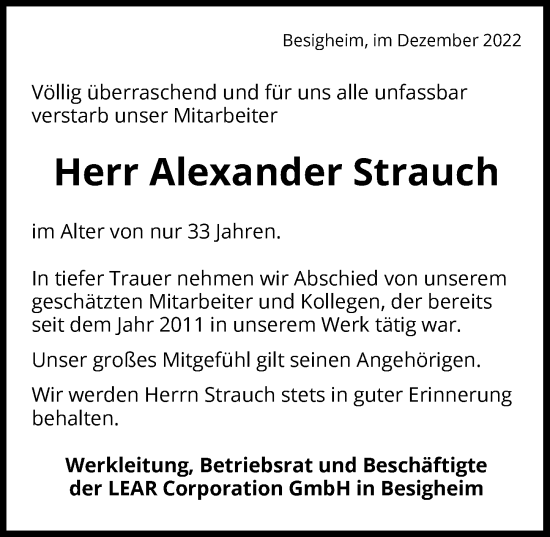 Traueranzeige von Alexander Strauch von GESAMT