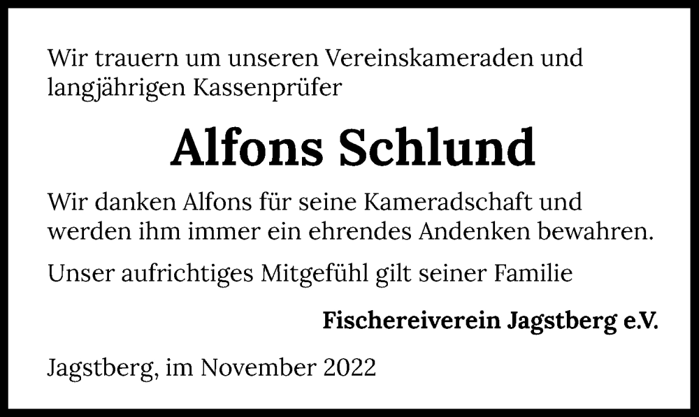  Traueranzeige für Alfons Schlund vom 24.11.2022 aus GESAMT